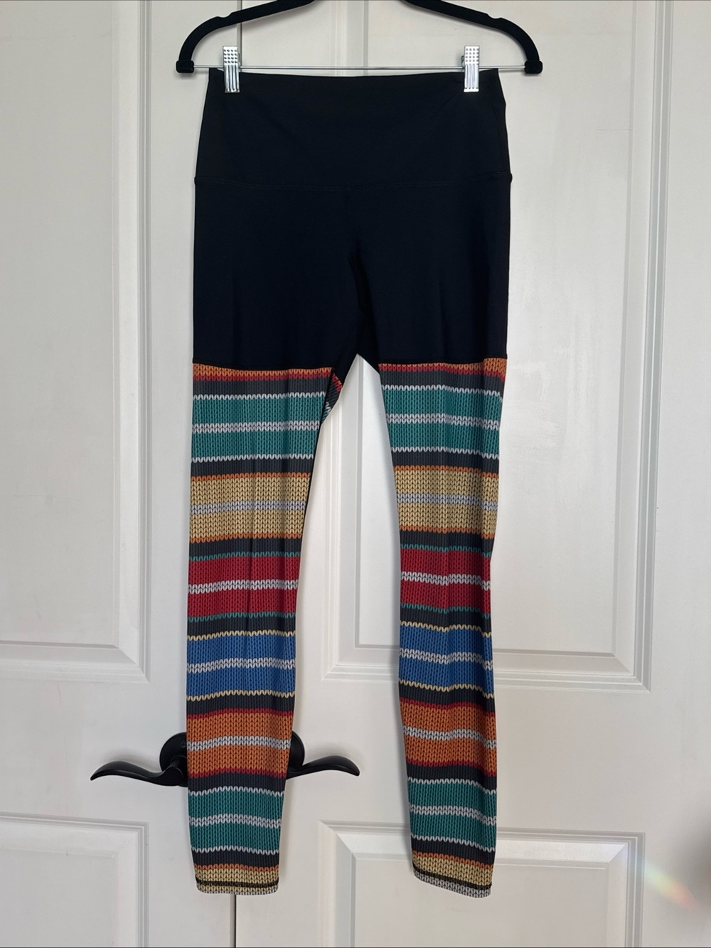 Yoga Democracy Leggings Women's Small Cut Off Black Stripe Print High Waist